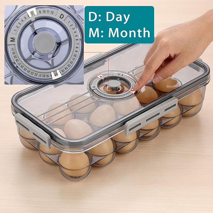 BTSKY Premium Plastic Egg Holder for Fridge - 18 Count Egg Container for Refrigerator, Egg Organizer, Plastic Egg Storage Box with Time Reminer and Lid- Reusable Egg Carton Tray Stackable