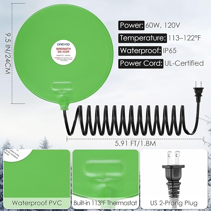 Dreyoo 60W Bird Bath Heater, Submersible De Icer for Outdoor Winter Use, Thermostatic Control, IP65 Waterproof, Chicken Water Heater for Birds, Poultry, Livestock, Wildlife Drinking (2 Pack)
