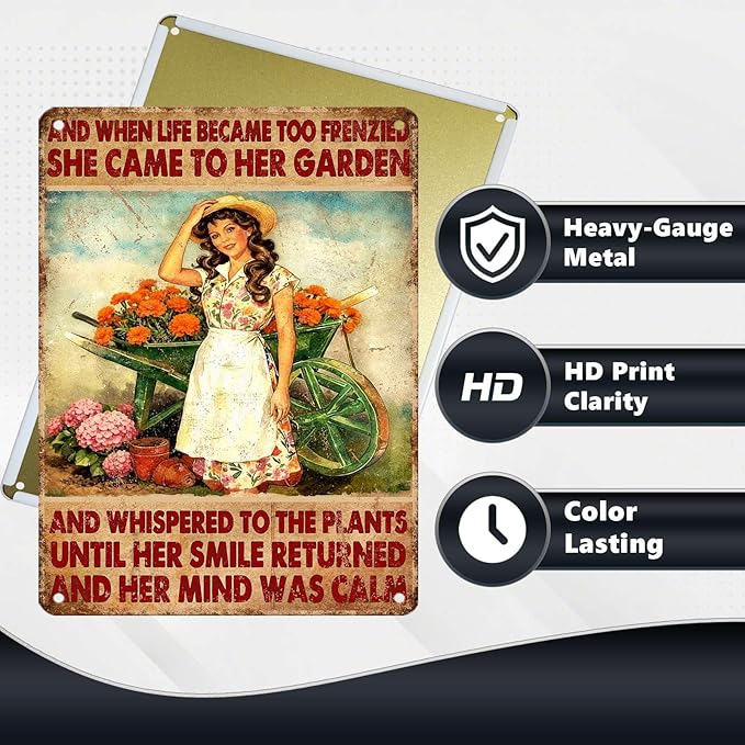 Vintage Gardening Tin Sign And When Life Became Too Frenzied She Came To Her Garden Retro Metal Sign Rustic Nostalgic Wall Decor For Home Garden Plaque Yard Patio Porch Cafe Bar 16 * 12 In