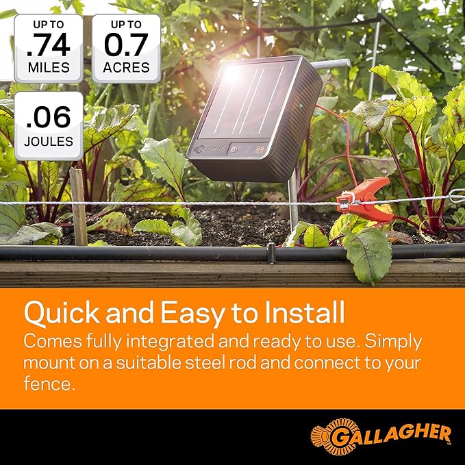 Gallagher S6 Solar Electric Fence Charger | Solar Fence Energizer for Gardens, Chickens, Goats, and Pets | Solar-Powered Fence Charger with Lithium Battery | Mounts Directly to Grounding Rod