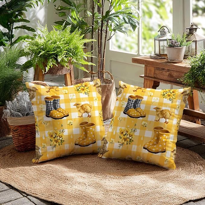 Duck Yellow Gingham Throw Pillow Covers 18x18 Inch, Set of 2 | Spring Farmhouse Square Cushion Cases for Couch Bedroom Nursery | Easter Farm Animal Home Decor, Decorative Pillowcases