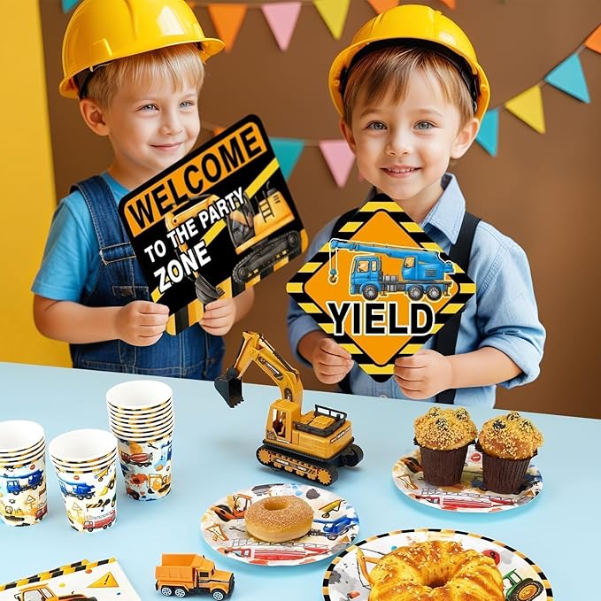 WERNNSAl Construction Party Decorations - 12PCS Truck Signs Birthday Decorations for Kids Boys Construction Birthday Party Supplies Funny Traffic Road Signs for Baby Shower Home Garden Yard Decor