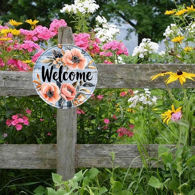 Round Welcome Aluminum Metal Tin Sign Wreath Vintage Farmhouse Wall Decor for Kitchen Backyard Home Outdoor Porch Gate 12x12inch