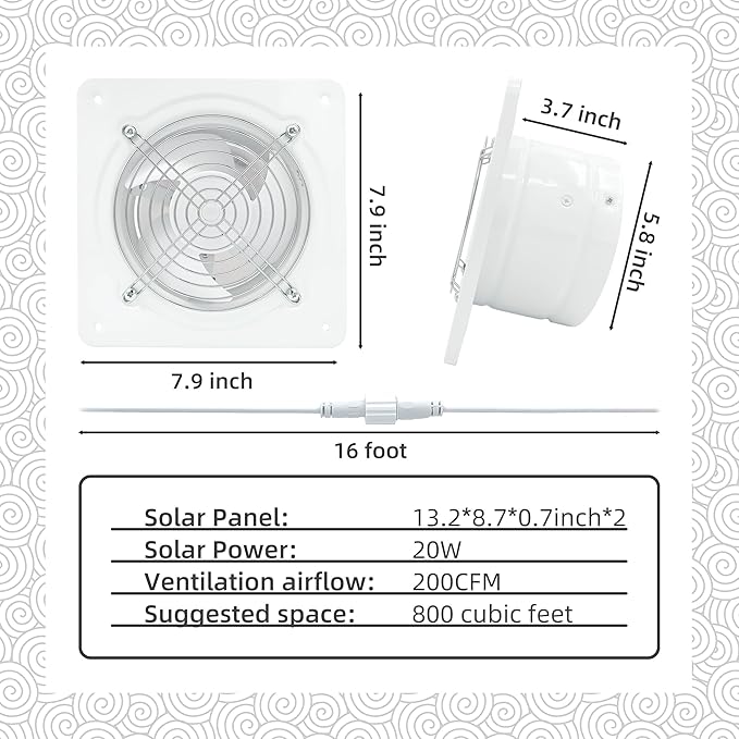 Solar Powered Exhaust Fan for Greenhouse, Shed, Pet House, Chicken Coop, 6 Inch Metal Fan with Battery Backup and Anti-backflow Check Valve, Solar Ventilation Fan for Window Exhaust