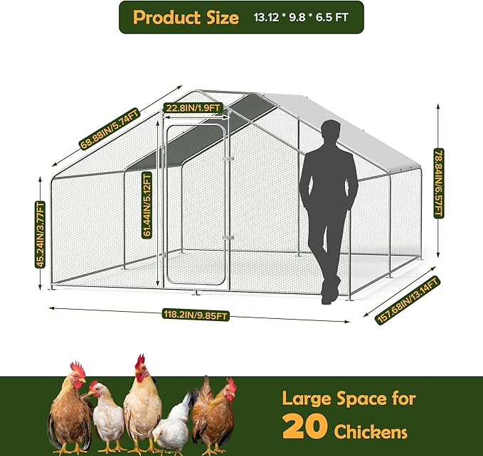 Metal Chicken Coop with Cover for Yard Large Walk-in Chicken Runs for 20 Chickens with Galvanized Steel Frame for Outdoor Heavy Duty Spire Roof Poultry Cage for Hen Duck Rabbits Goose Puppy