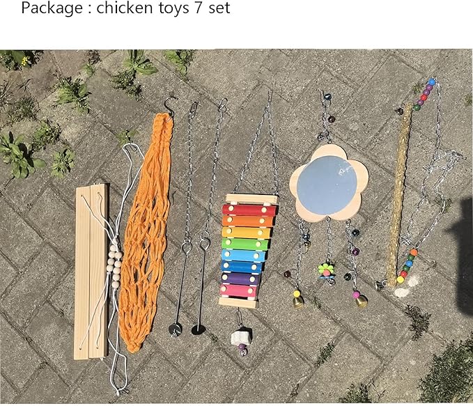 8pcs Chicken Toys Set Chicken Toys for Coop Accessries Chicken Swing Chicken Xylophone Mirror, Vegetable Hanging Feeder for hens Chick