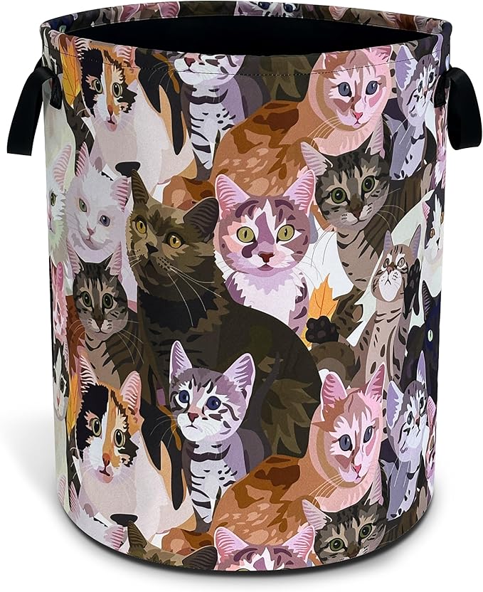 Cat Laundry Basket Oxford Cloth Funny Kitten Face Laundry Hamper With Handle Foldable Portable Clothes Storage Basket 18.9 X 16.5 In Storage Bag For Laundry Room/Bathroom/Bedroom/Dormitories