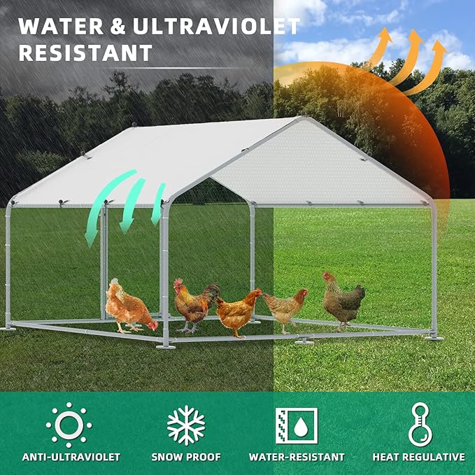 VIVIJASON Large Metal Chicken Coop Outdoor Walk-in Poultry Cage Hen Run House Rabbits Habitat Cages Spire Shaped Coop with Waterproof and Anti-UV Cover for Yard Farm (6.56' L x 9.84' W x 6.56' H)