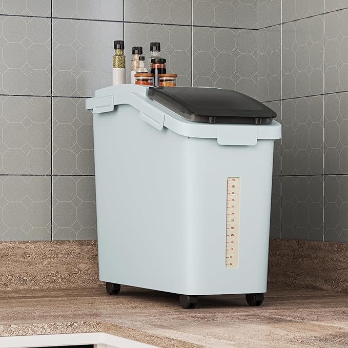 DWVO Large Ingredient Storage Bins, 11.4-Gallon Flour Rice Food storage Containers Bins with Wheels, Scoop and Airtight Lid for Dry Food, Flour, Cereal Grain, Sugar, Gray