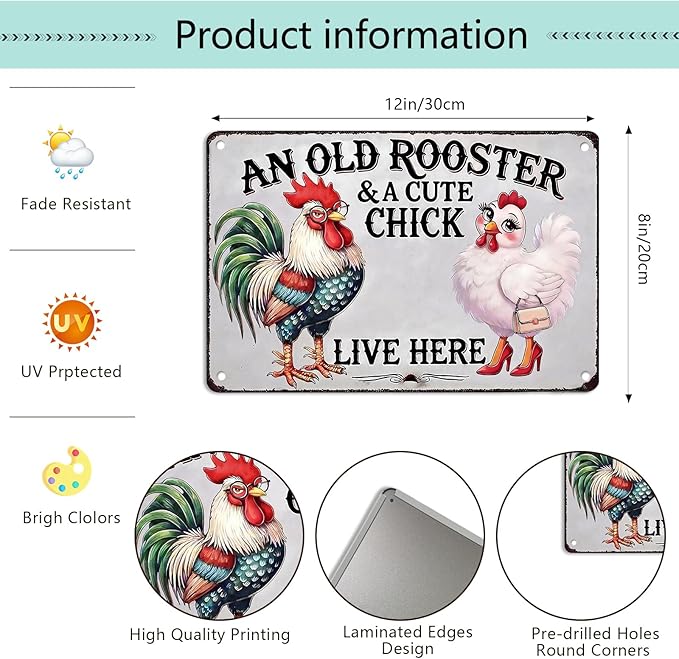 Chicken Lover Gift Idea - Humorous Metal Coop Sign, Farm Animal Tin Art for Home, Kitchen, Garden, 8x12 Inch Vintage Style Decorative Plaque with Holes