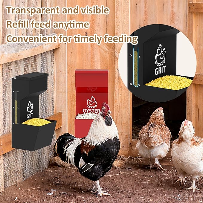2 Pack Chicken Oyster Shell Feeder and Grit Feeder, Large Hanging Metal Chicken Feeder with Lid, Automatic Gravity Poultry Chicken Feeder No Waste, Chicken Coop Accessories