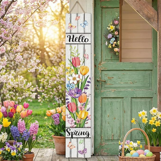 47" Large Spring Porch Sign Tulip Welcome Sign Wooden Tall Spring Porch Decor Leaner Rustic Farmhouse Front Door Decor for Holiday Outdoor Home Yard Entryway Gift