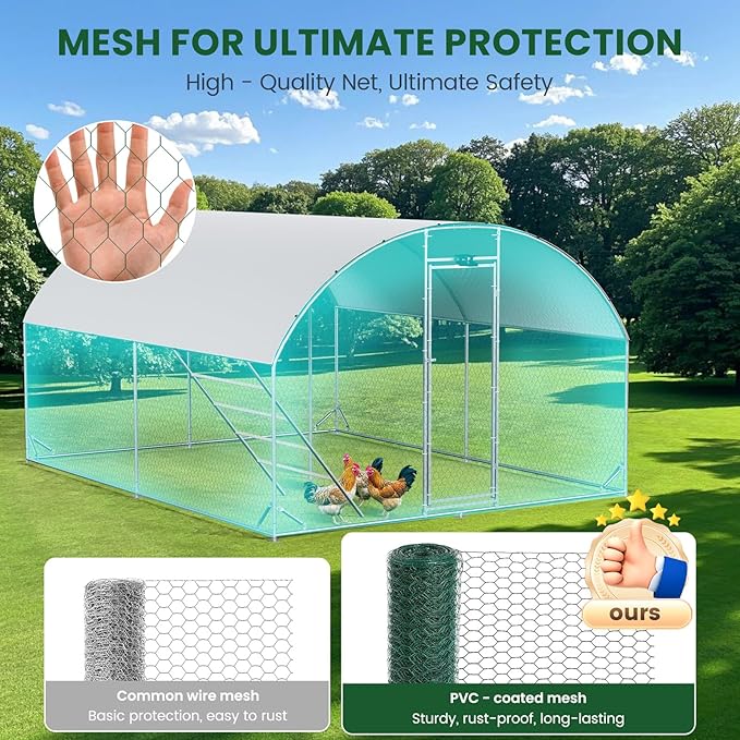 Chicken Coop Large Metal Chicken Run with Full-Top Waterproof Cover - Chicken House for 16/20 Chickens, Poultry Cage with Solar Light, Backside Poles, Walk-in Pen for Rabbits Ducks Yard 2 Room