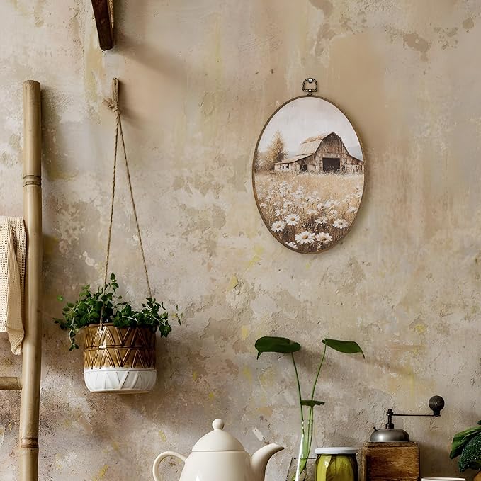 LKETW Farmhouse Country Wildflower Oval Wall Art Decor, Vintage Rustic Nature Daisy Floral Oval Canvas Hanging Decor, Retro Landscape Wall Decorations for Home Bedroom Living Room, 8.6x11.4 Inch