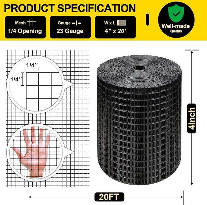 Black Hardware Cloth 4'' x 20' PVC Steel Vinyl Coated 1/4 inch Galvanized Wire Mesh Roll (23 GA) Chicken Wire Fence Roll, for coop Fences,Screen mesh, Rabbit/Snake Fences, Poultry enclosures, etc.