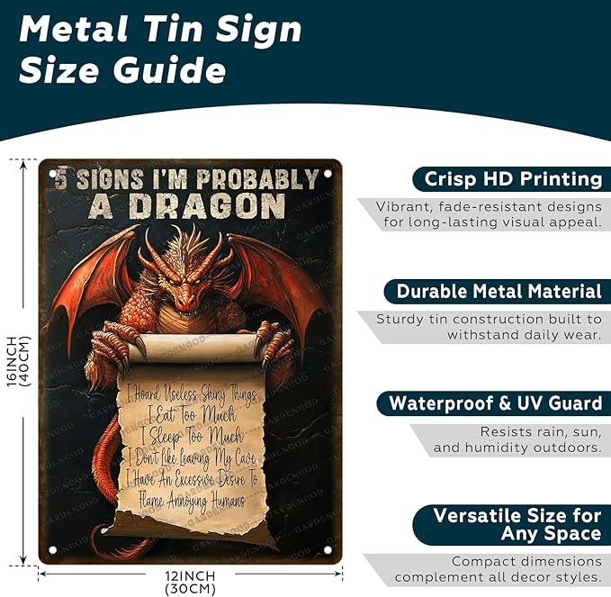Retro Dragon Quote Metal Sign 5 Signs I'm Probably A Dragon Rustic Wall Decor Vintage Tin Plaque Fantasy Bedroom Office Art For Collectors 16x12 Inch