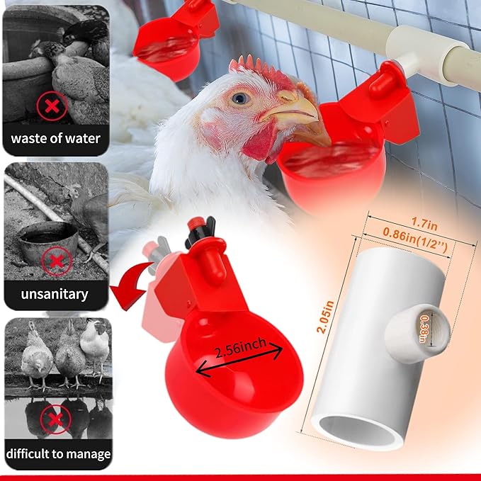 24 Pack Automatic Chicken Waterer Cups Kit, Gravity-Fed Poultry Drinker with PVC Tee Fittings for DIY 1/2" Pipe System for Chickens, Ducks & Turkeys (12 Cups + 12 PVC Tees, 24-Piece Kit)