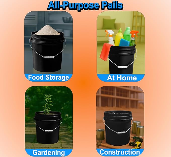 5-Gallon Bucket Only – No Lid Included, Made in USA, Food Grade BPA Free Plastic, Heavy Duty Multi-Use, Metal Handle with Grip, Stackable Storage – Black, 3 Pack