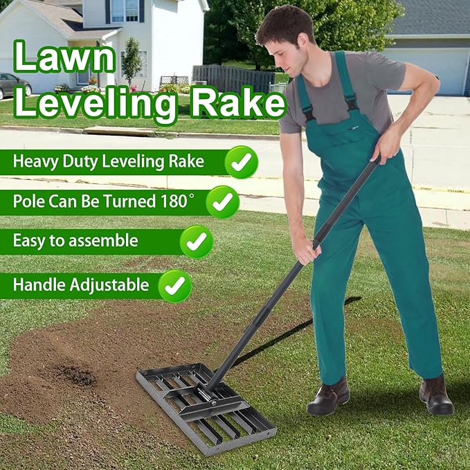Lawn Leveling Rake 17"x10",Lawn Leveling Tool with 68" Long Adjustable Stainless Steel Handle for Leveling Soil,Grass,Sand or Dirt,Heavy Duty Lawn Leveler for Backyard,Garden,Golf Course,Farm,Pasture