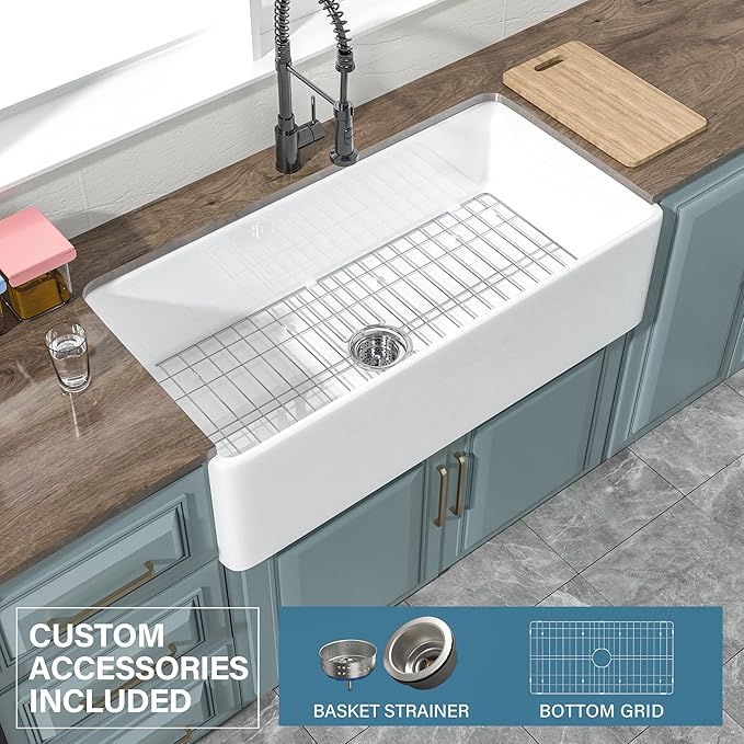 Extra Large White Farmhouse Sink 36 x 18 Inch, Firecaly Apron Front Undermount Farm Kitchen Sink Single Bowl for Kitchen, w Accessories 2 Types, Fits MIN. Cabinet Size: 21"Dx39"W