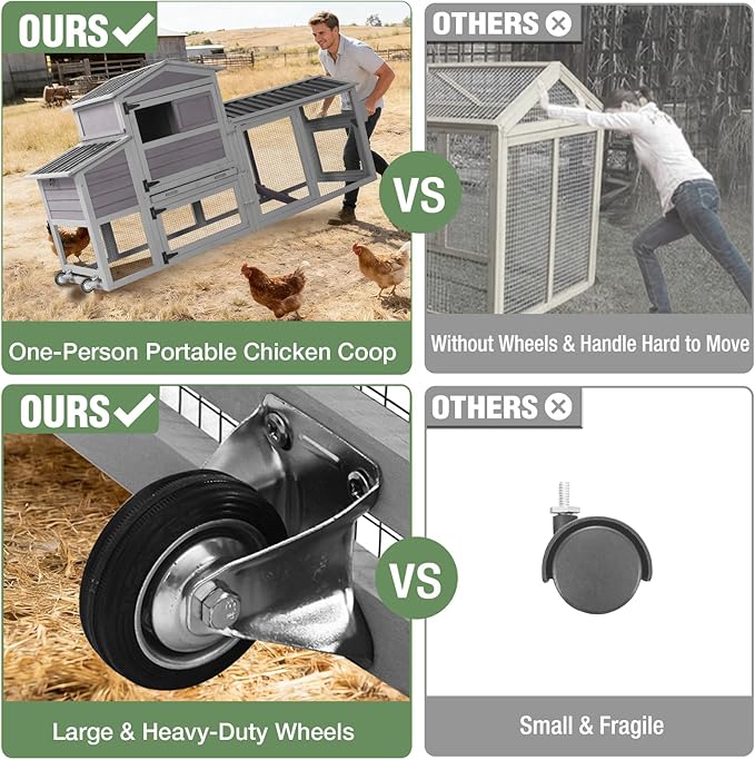 Mobile Chicken Coop with Wheels for 4-6 Chickens, Large Wooden Hen House Expandable Duck Cage with Run, 2 Nesting Boxes, Easy Clean Pull-Out Tray, Waterproof Asphalt Roof (Grey)