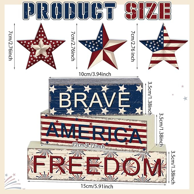 Geelin 4 Pieces 4 of July Table Decorations Patriotic Memorial Day Wooden Block Signs Red White Blue Tabletop Centerpieces Farmhouse Independence Day Tiered Tray Decor for Home 250th Anniversary