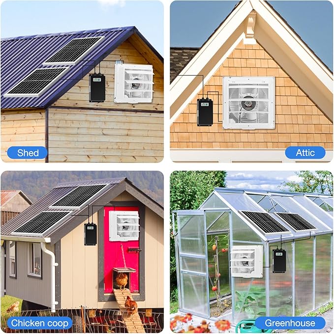 Solar Exhaust Fan, Solar Powered Vent Fan Kit for Outside Greenhouse Shed Chicken Coop (10" Fan with Battery)