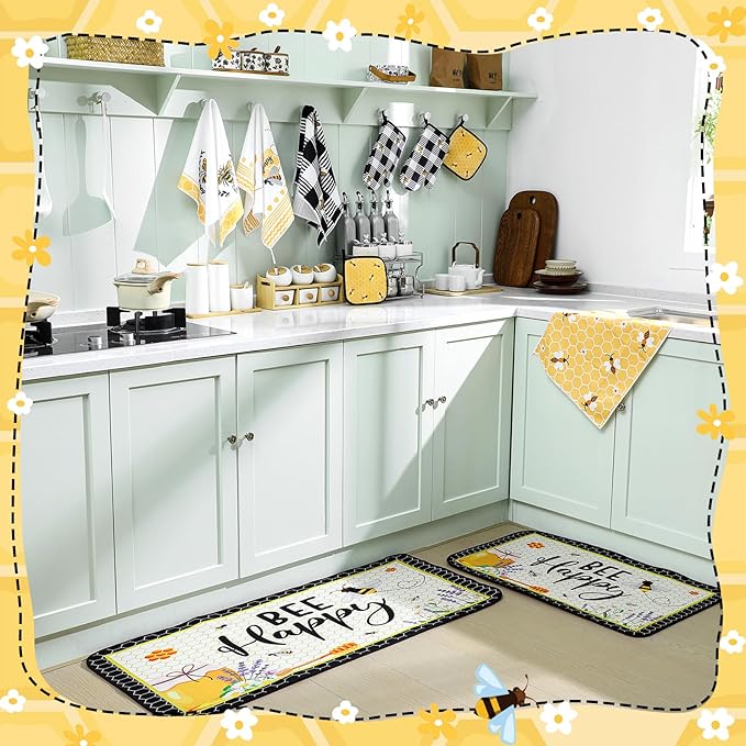 10 Pcs Bee Kitchen Dish Towels Rugs Oven Mitts and Pot Holders Set Farmhouse Kitchen Decor Set for Women Mom Daughter Gift Cooking Baking Grilling (Cute Yellow Black)