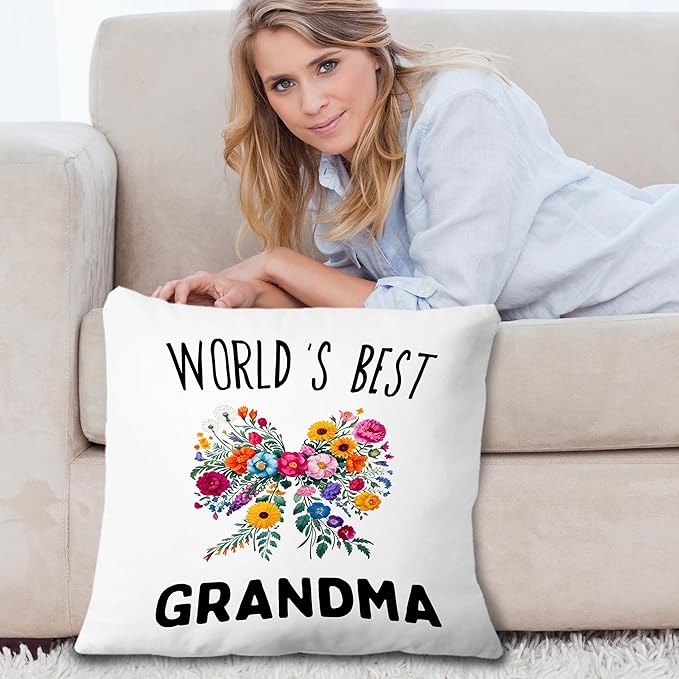 World's Best Grandma Pillow Covers 18x18, Best Grandma Gifts for Birthday Mother's Day from Grandkids, Coquette Colorful Flower Bow Grandmother Throw Pillow Covers for Home Bedroom Living Room
