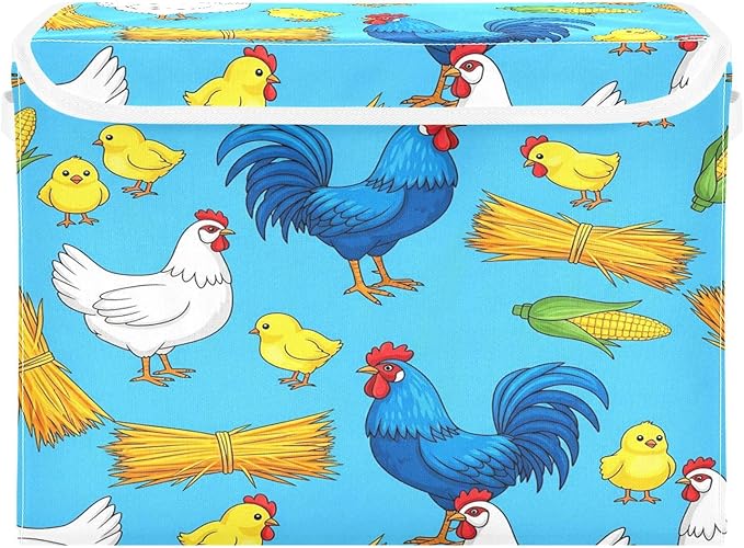 Chicken Rooster Chick Storage Bins with LidsCorn Hay Farm Blue Foldable Storage Basket with Handles Collapsible Large Fabric Organizer Containers for Clothes Shelves Closet Office Home