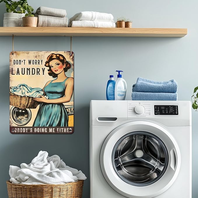 PEACHGARDEN Don't Worry Laundry Vintage Tin Sig Funny Sarcastic Retro Housewife Design Metal Tin 1950s Mom Laundry Sign Laundry Room Wall Decor for Home 12x16inch