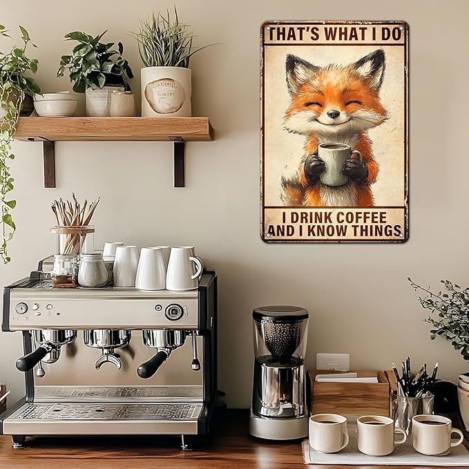 PEACHGARDEN Vintage Coffee Metal Sign Funny Fox Wall Decor I Drink Coffee And I Know Things Poster for Home Kitchen Garage Man Cave Wall Decor Plaque Art 8x12inch