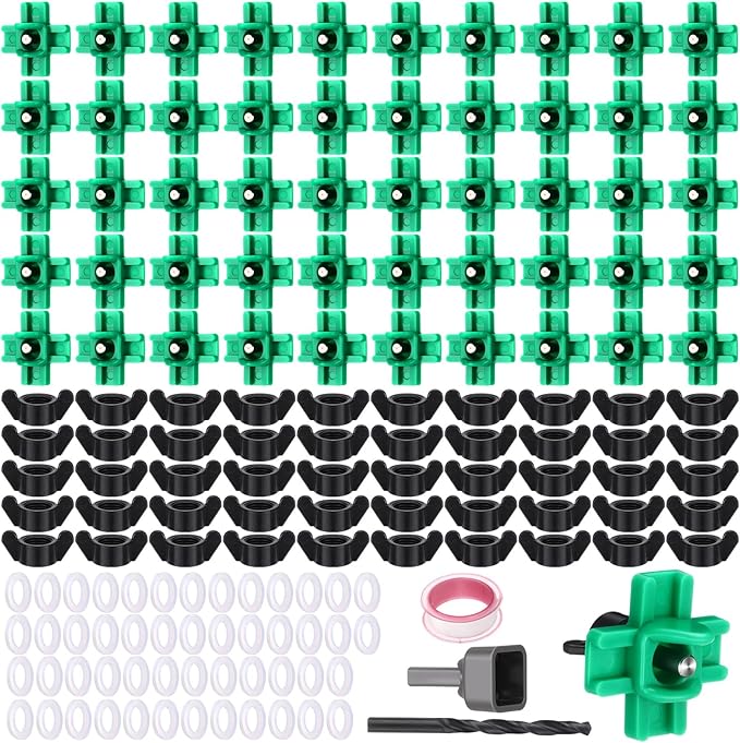 LemonRoad 50 Pack Horizontal Chicken Nipples Horizontal Poultry Automatic Waterer Nipples Chicken Water Feeder with 50 Pcs Ring Gaskets, 50 Pcs Wing Nuts and Drill Bit for Bucket Ducks Quail (Green)