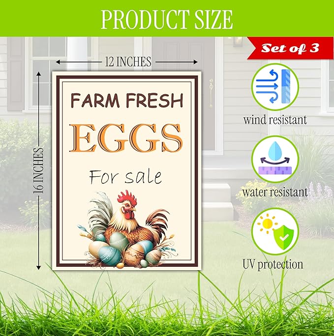 Set of 3 Double Sided 12x16 Inches Farm Fresh Eggs For Sale Sign with Metal H-Stakes - Fresh Chicken Eggs For Sale Sign - Plastic Farm Fresh Eggs Sold Here Yard Sign - Signs Chicken Coop Decoration