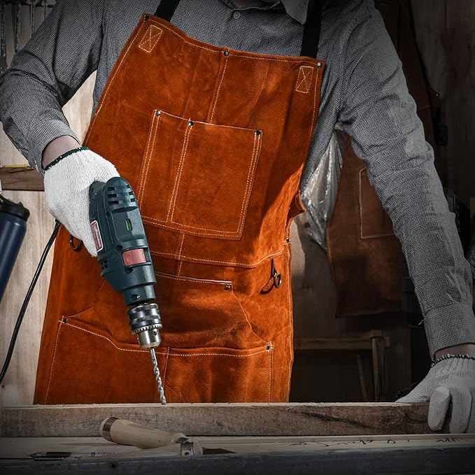 Leather Welding Work Apron - Heat Resistant & Flame Resistant Bib Apron, Flame Retardant Heavy Duty BBQ Apron