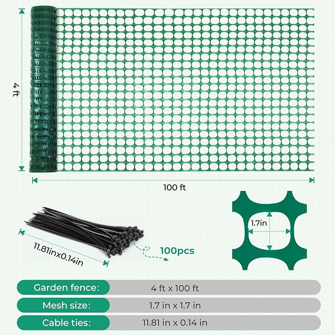 Ohuhu Plastic Garden Fence Roll, 4'x100'/10.7LB Reusable Netting Plastic Safety Fence Roll, Temporary Pool Fencing Snow Fence, Construction Fencing Poultry Fence for Deer Rabbits Chicken Dogs