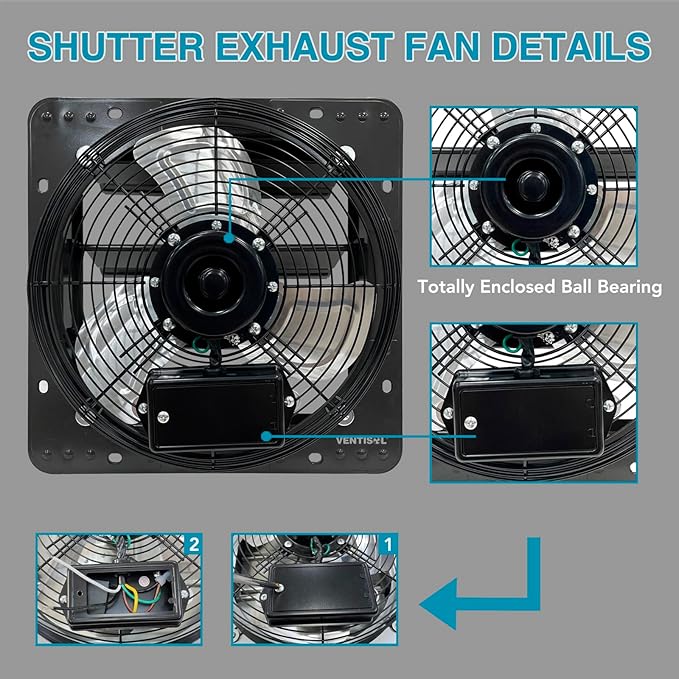 VENTISOL 12 Inch Shutter Exhaust Fan With Variable Speed Controller,1450CFM Wall Mounted Ventilation Fan, Vent Fan For Greenhouses,Shop,Home Attic,Garage Ventilation,Black