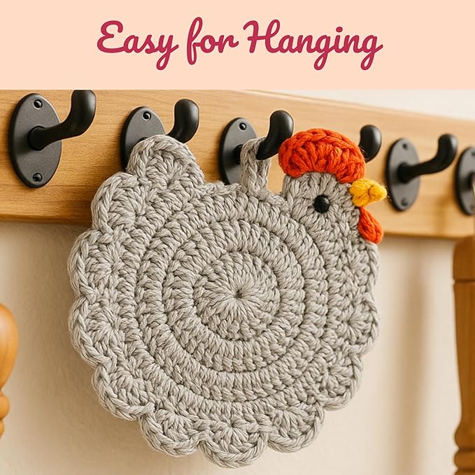 Handmade Crochet Chicken Coasters Set of 4, Mom, Stuffed Animal-Themed Drink Coasters, Cute Desk Accessories, Home Decor, Tabletop Protection, Crazy Chicken Lady Must Have