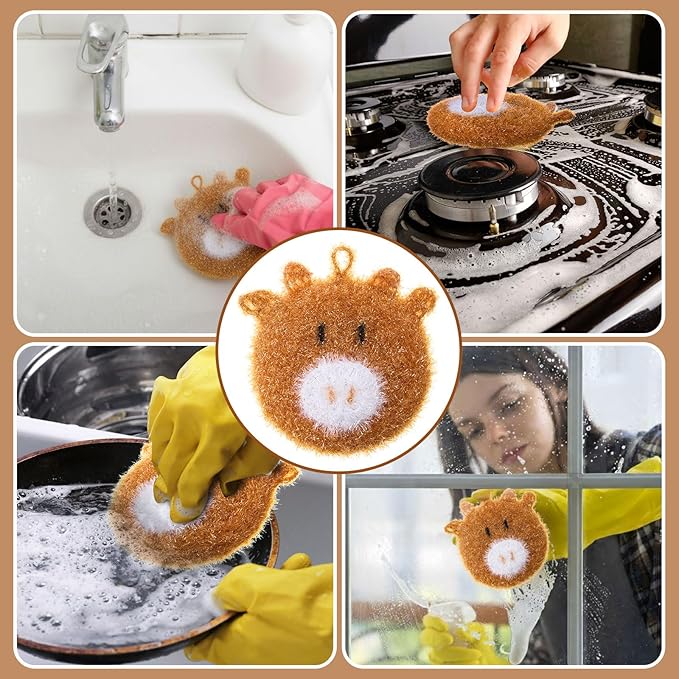 Breling 6 Pieces Sunflower Shape Dish Sponge Dual Sided Non Scratch Dish Washing Scrubbers, Reusable Household Cleaning Kitchen Tools for Dishwashing Washing Dishes Cookware(Cow)