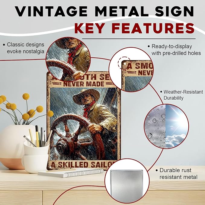 Vintage Metal Tin Sign A Smooth Sea Never Rustic Navigation Decor Metal Poster for Home Office Cafe Bar Art Wall Decor 12x16inch