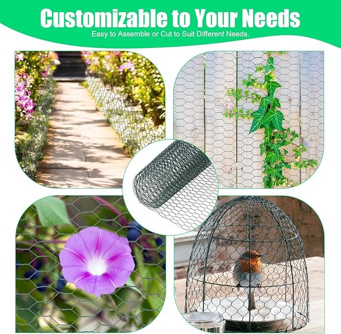Chicken Wire, 15.7 x 90.5 Inches, Green, Hexagonal Mesh, Galvanized Metal Poultry Wire Netting for Crafts, Poultry, Garden