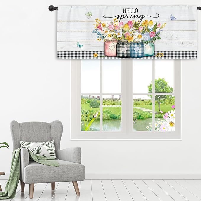 Miyotaa Hello Kitchen Curtain Valance 54W x 18H Rod Pocket Flower Rustic Farmhouse Plant Botanical Plaid Baffulo Window Treatment for Living Room Bedroom Bathroom Laundry