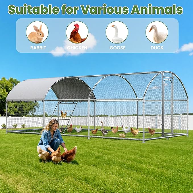 Large Metal Chicken Coop with Roosting Perch, Walk-in Poultry Cage Chicken Run House Chicken Pen Dome Shaped Coop with Waterproof Cover for Outdoor Backyard Farm Use (10' L x 19.7' W x 6.4' H)