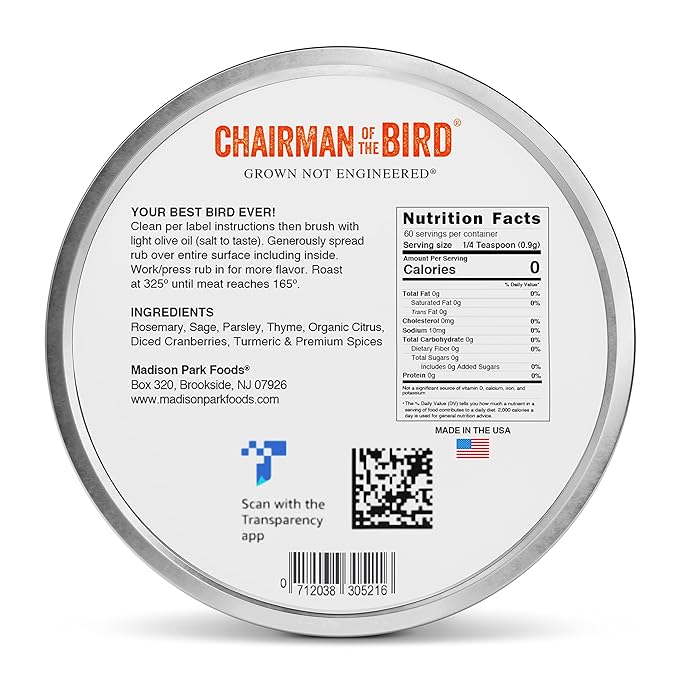 Chairman of the Bird Gourmet Turkey Rub Seasoning – Citrus-Herb Spice Blend – Orange, Cranberry, Rosemary, Sage – Roast, Grill, Smoke – Natural, Gluten-Free, No Salt - 2oz Fresh-Sealed Pouch in Tin