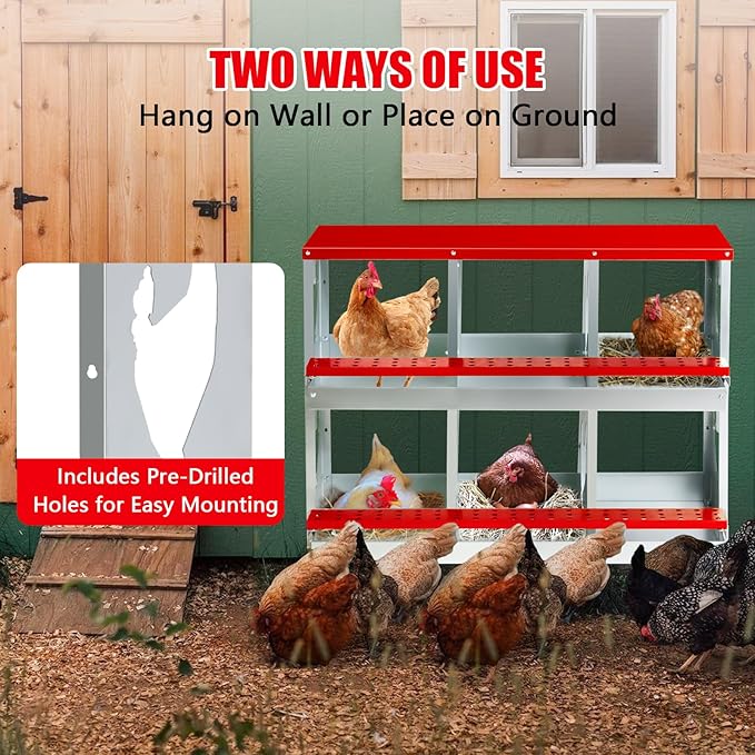 6 Hole Chicken Nesting Box,Roll Away Nesting Boxes for Laying Eggs with Large Vented Holes,Wall-Mountable Chicken Coop Nesting Boxes,Metal Laying Boxes for Hens,Ducks(Red)