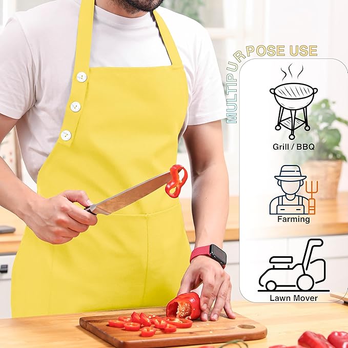 TOSHE Kitchen Apron Waterdrop Resistant Cotton Apron with adjustable Aprons for Women with Pockets 10 Color option Cooking Yellow Apron (Yellow)
