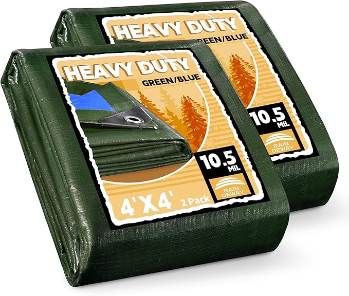 RAINDEWAY Small Waterproof Tarp 4x4 Feet (2 Pack),10.5 Mil Tarps Heavy Duty Waterproof with Metal Grommets and Reinforced Edges,UV Resistant,Durable,Green/Blue Tarp