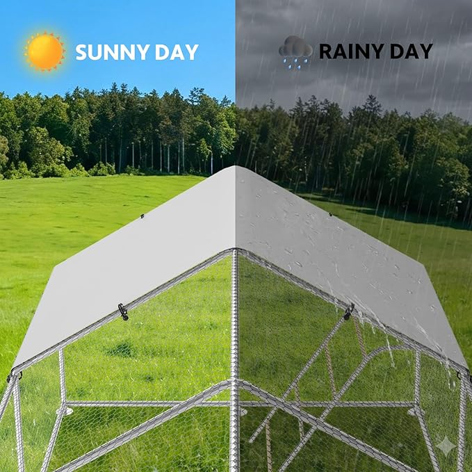 Large Metal Chicken Coop with Waterproof and UV-Resistant Cover,Chicken Run Outdoor Walk-in Cage Rabbit Duck Hen House for Yard Farm Use Spire Roof(10’ W x 10’ L x 6.5’ H)