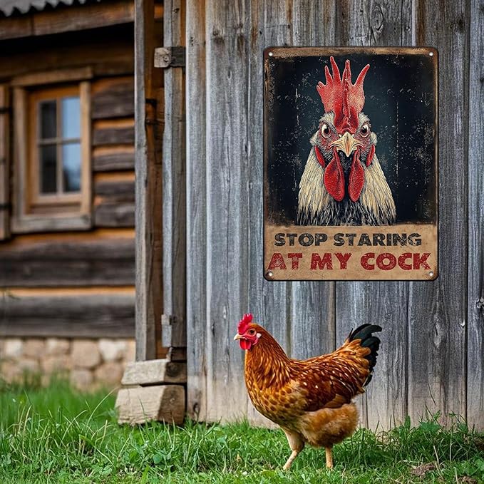 Vintage Farm Sign Chicken Stop Staring At My Cock Farmhouse Metal Tin Sign 12x16 Inch Home Wall Decor