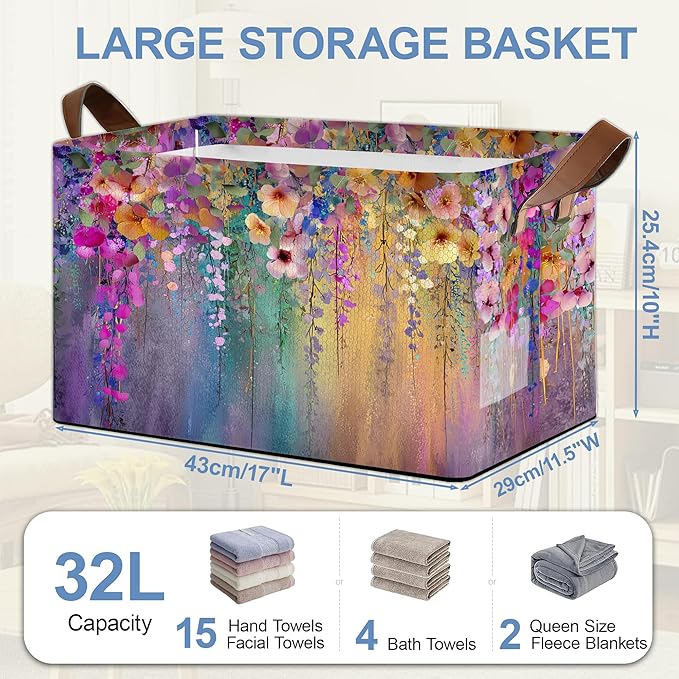 Colorful Flowers Collapsible Storage Box,Organizer Bin with Handles for Room Decoration,Bins Book Basket Box 17x11.5x10Inch